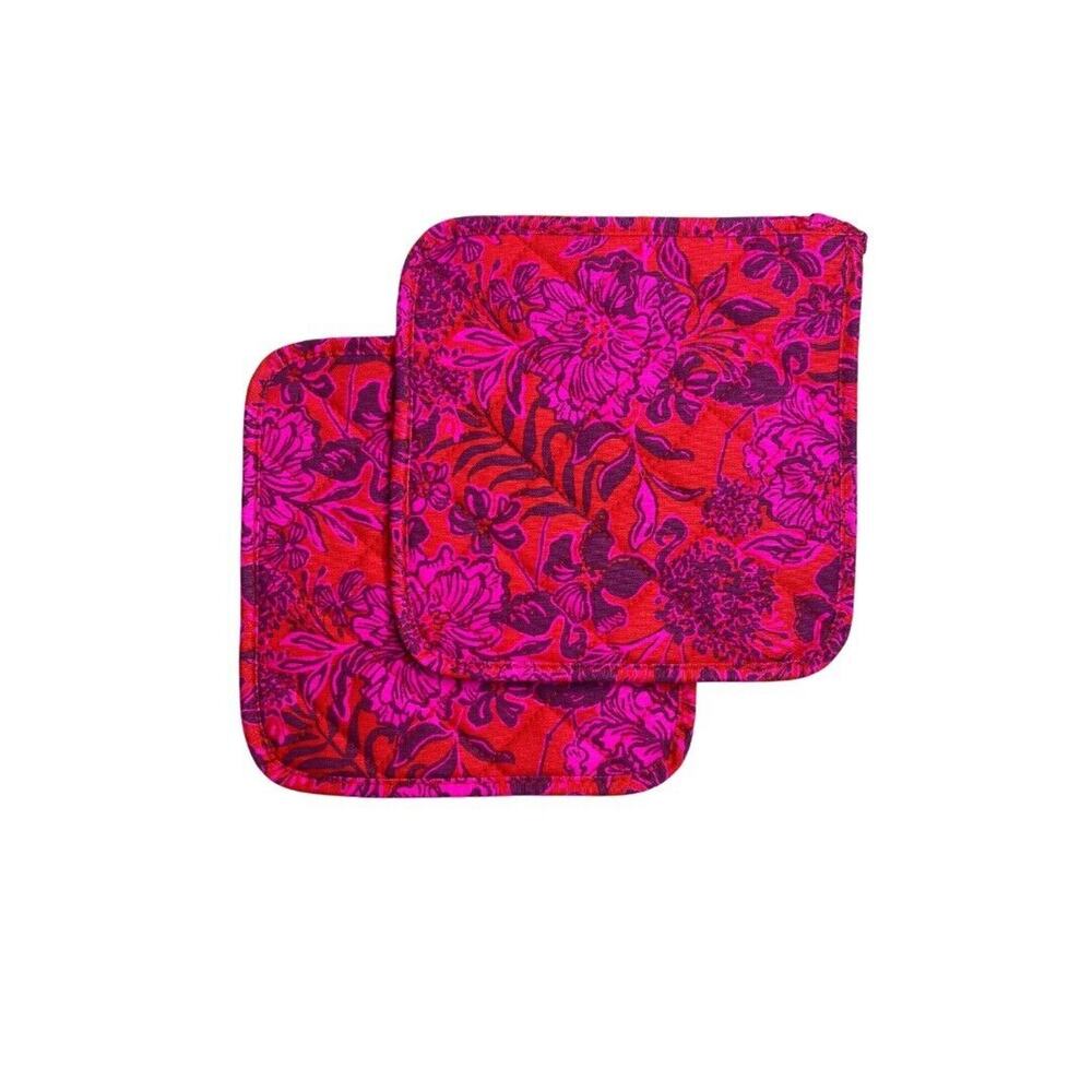 3-2 LILY PULIZTER Pot Holders Set Floral 100% Cotton Hot Pink Purple